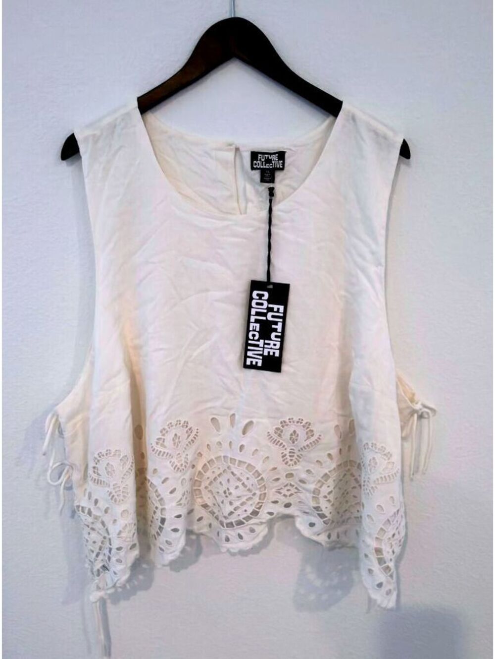 Future Collective White Embroidered Eyelet Side-Tie Tank Top Women